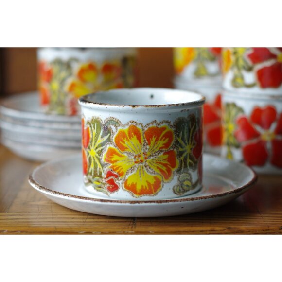 Set of 2 Midwinter Stonehenge Nasturtium Pattern Flat Cups Saucers Coffee Mugs - Picture 3 of 5